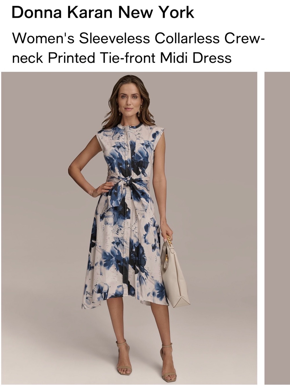 Donna Karan Blue and White Floral Tie-Front Midi Dress